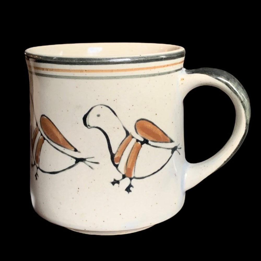 Vintage Stoneware Mug Birds Blue Brown Stripe Speckled Coffee Cup Made In Korea